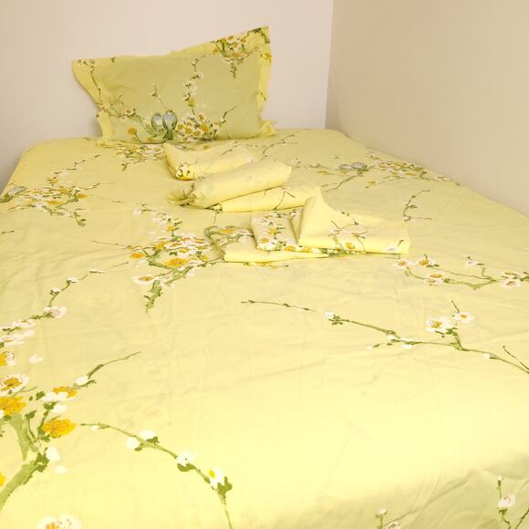 Vintage Twin Duvet & Sheets Set 8 pieces 60s Cotton Percale Yellow Blue Bird